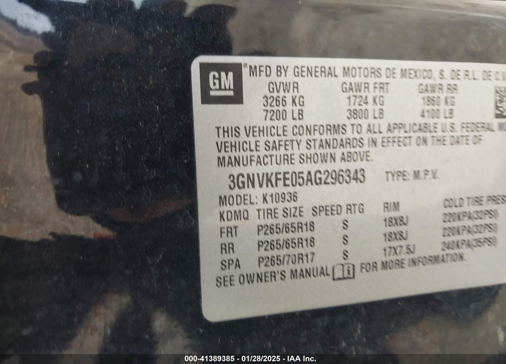 2010 CHEVROLET AVALANCHE 1500 LT1 VIN: 3GNVKFE05AG296343