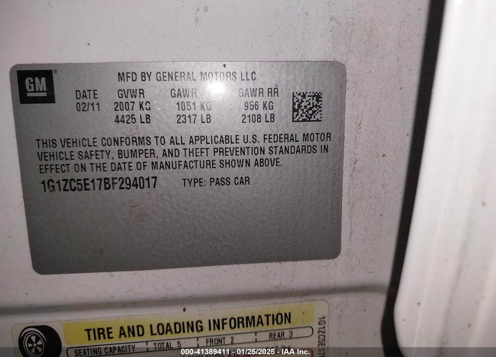 2011 CHEVROLET MALIBU VIN: 1G1ZC5E17BF294017