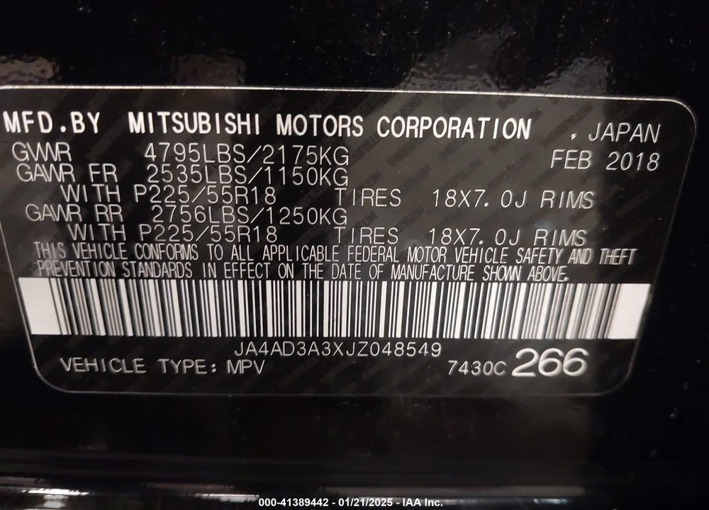 2018 MITSUBISHI OUTLANDER LE VIN: JA4AD3A3XJZ048549
