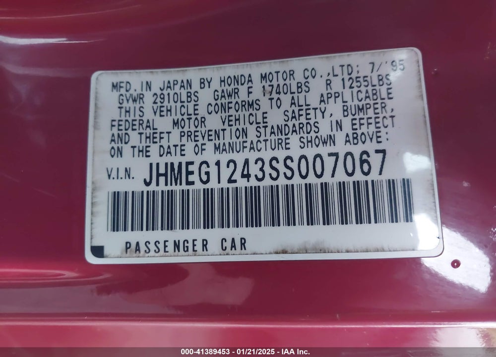 1995 HONDA CIVIC DEL SOL S VIN: JHMEG1243SS007067