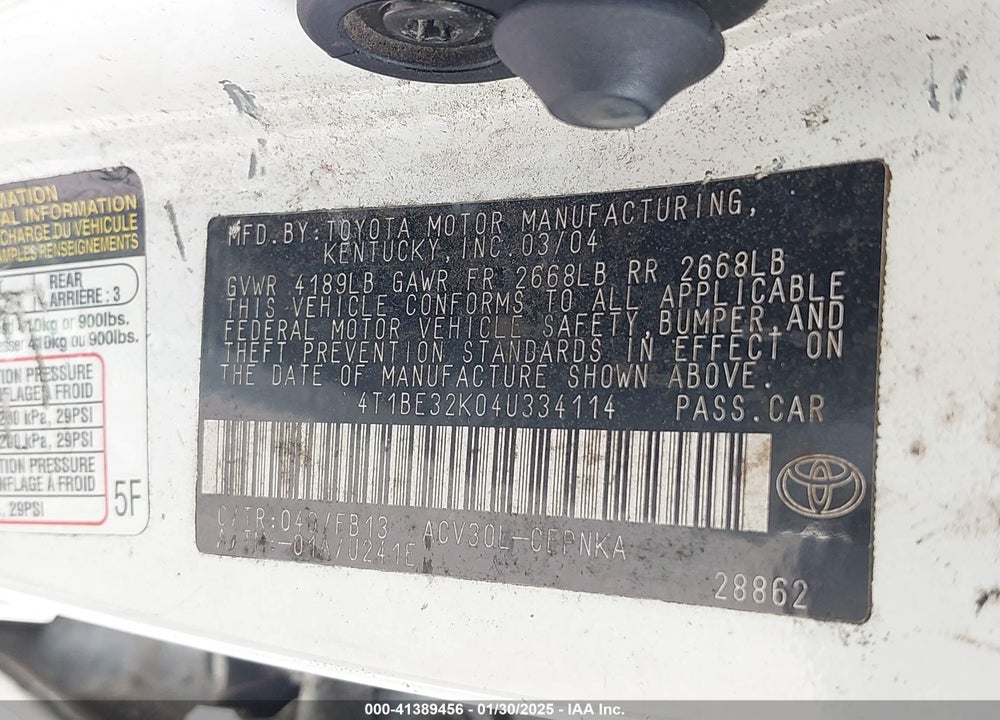 2004 TOYOTA CAMRY LE VIN: 4T1BE32K04U334114