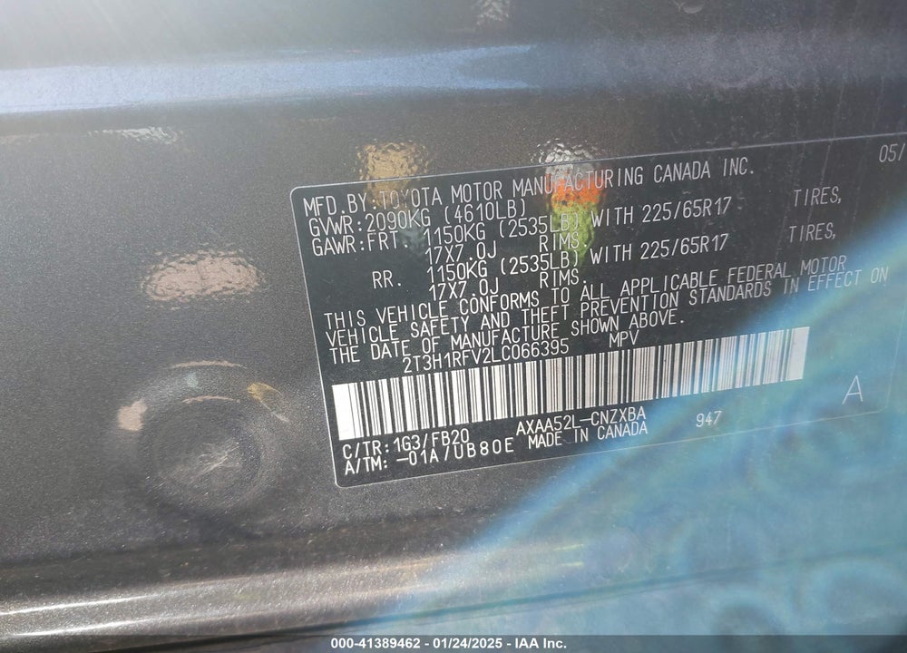 2020 TOYOTA RAV4 VIN: 2T3H1RFV2LC066395