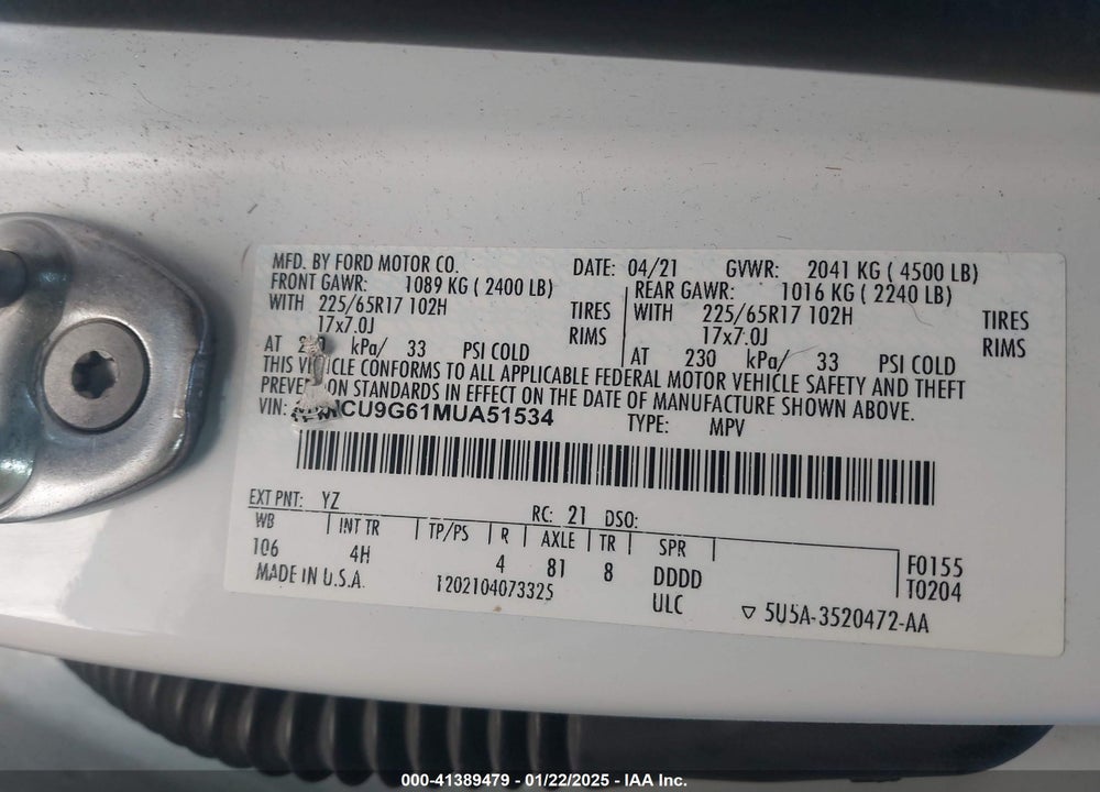 2021 FORD ESCAPE VIN: 1FMCU9G61MUA51534