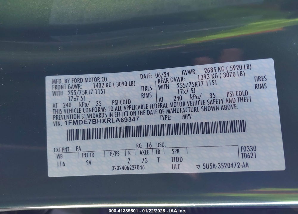 2024 FORD BRONCO BIG BEND VIN: 1FMDE7BHXRLA69347