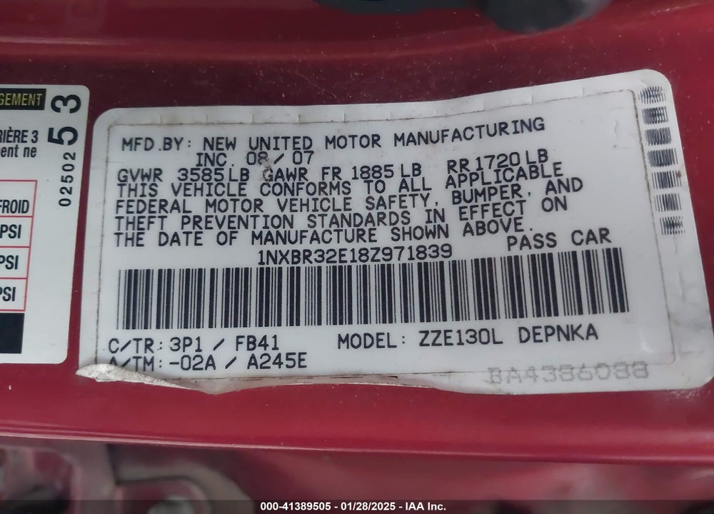 2008 TOYOTA COROLLA VIN: 1NXBR32E18Z971839