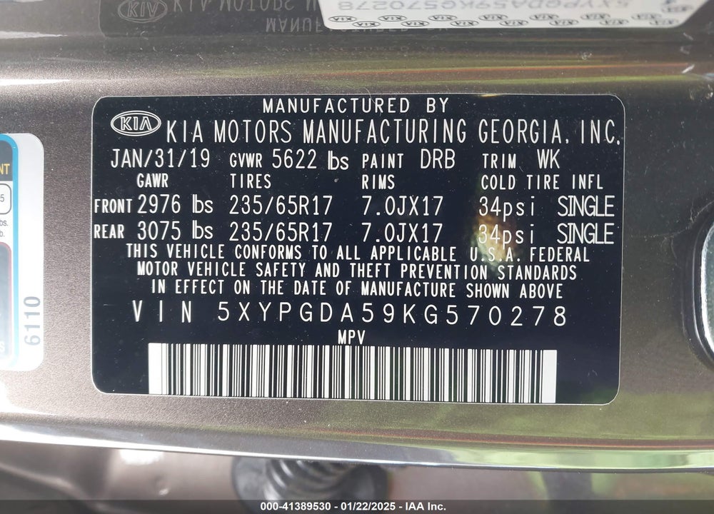 2019 KIA SORENTO 3.3L LX VIN: 5XYPGDA59KG570278
