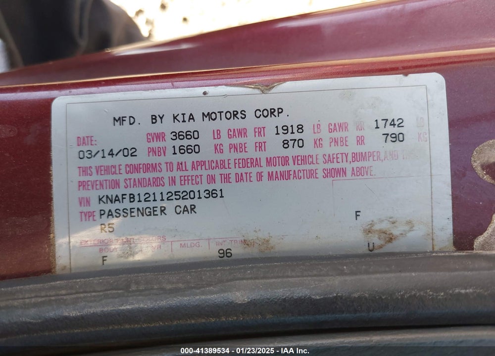 2002 KIA SPECTRA LS VIN: KNAFB121125201361