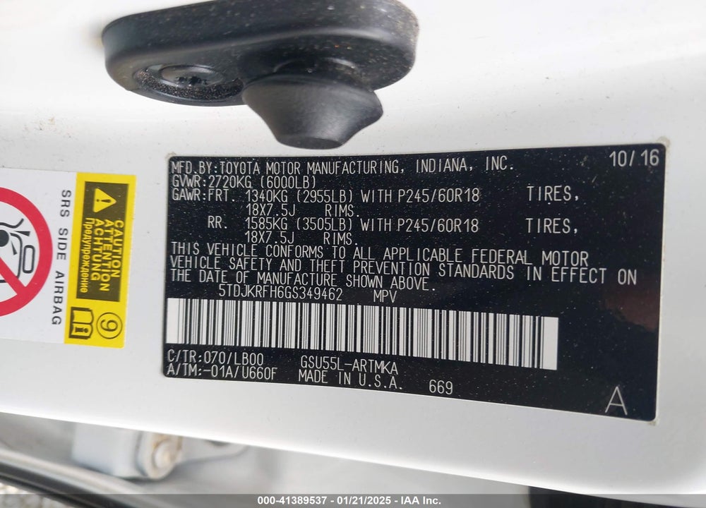 2016 TOYOTA HIGHLANDER XLE V6 VIN: 5TDJKRFH6GS349462