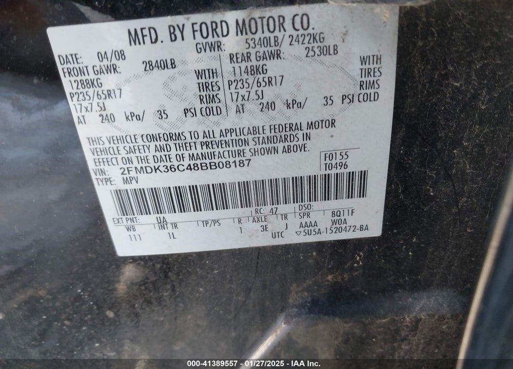 2008 FORD EDGE SE VIN: 2FMDK36C48BB08187