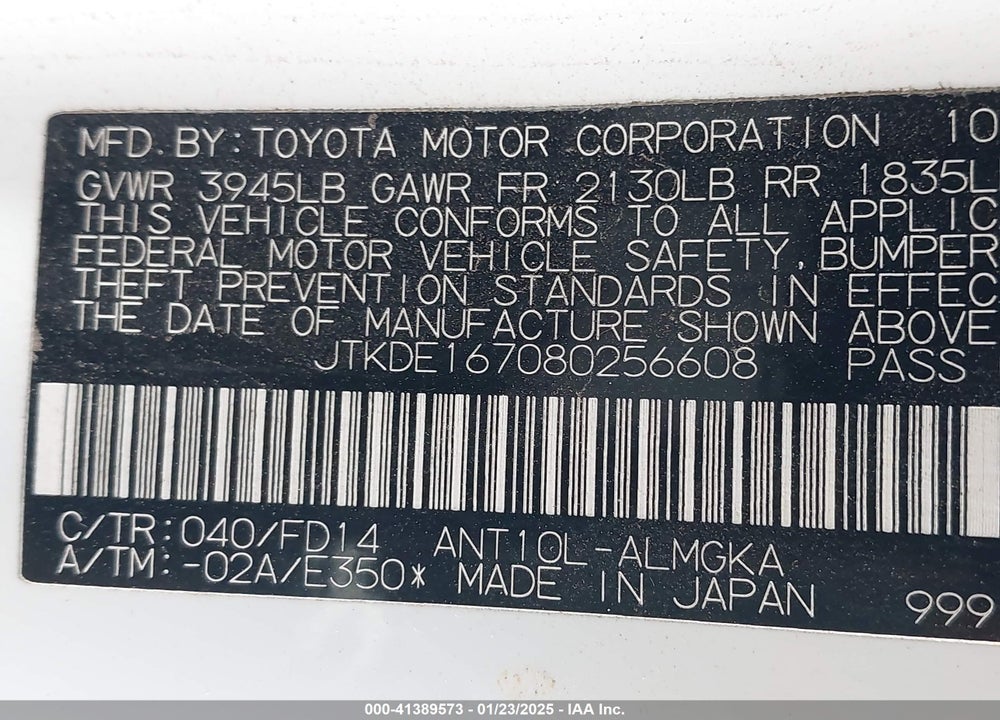 2008 SCION TC VIN: JTKDE167080256608