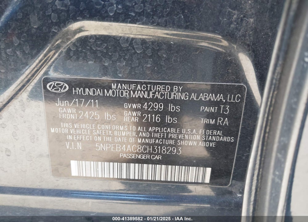 2012 HYUNDAI SONATA GLS VIN: 5NPEB4AC8CH318293