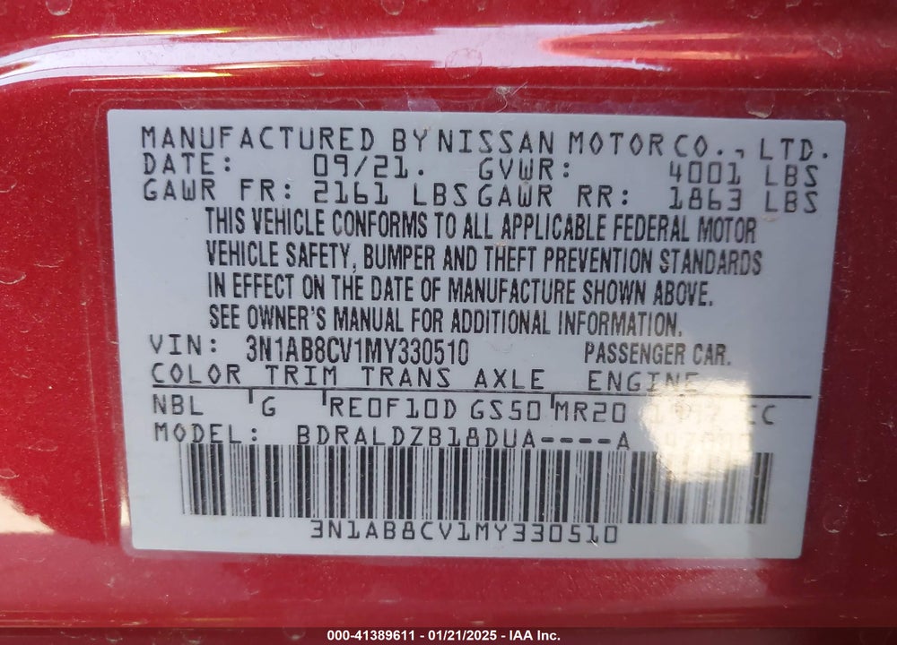 2021 NISSAN SENTRA VIN: 3N1AB8CV1MY330510