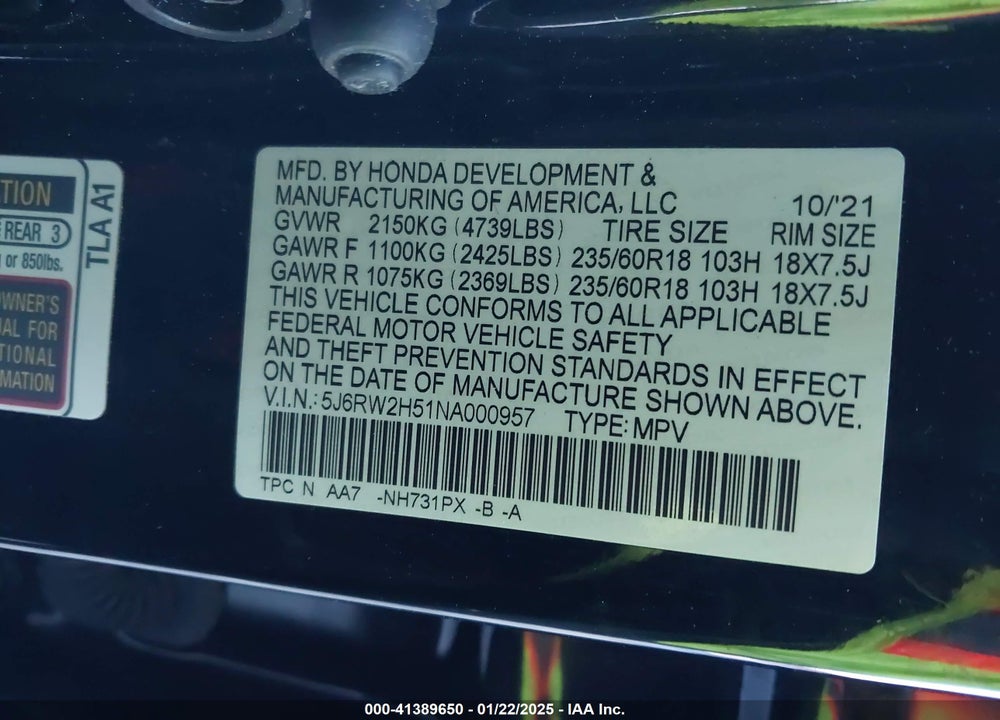 2022 HONDA CR-V AWD EX VIN: 5J6RW2H51NA000957