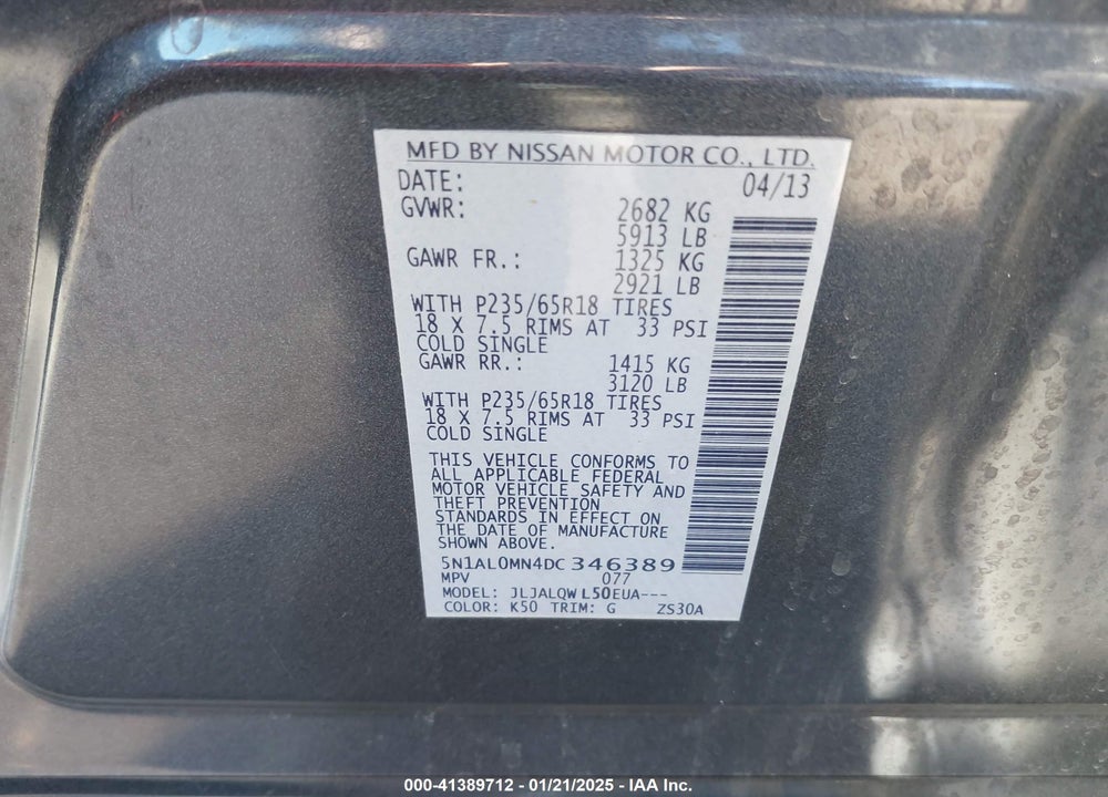 2013 INFINITI JX35 VIN: 5N1AL0MN4DC346389