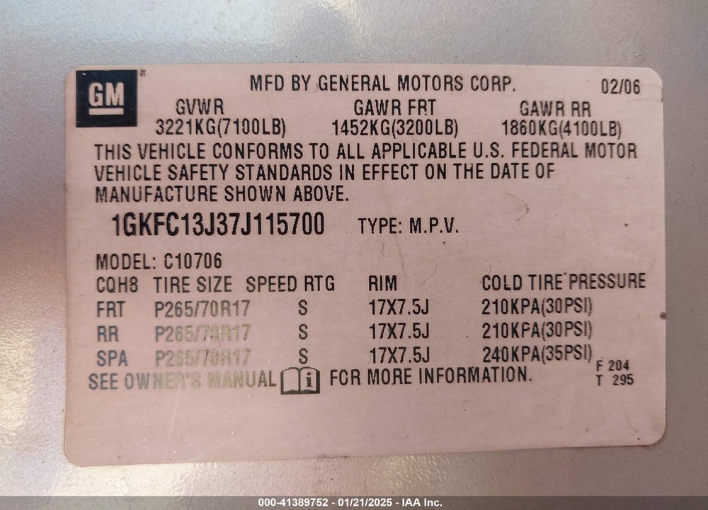 2007 GMC YUKON SLE VIN: 1GKFC13J37J115700