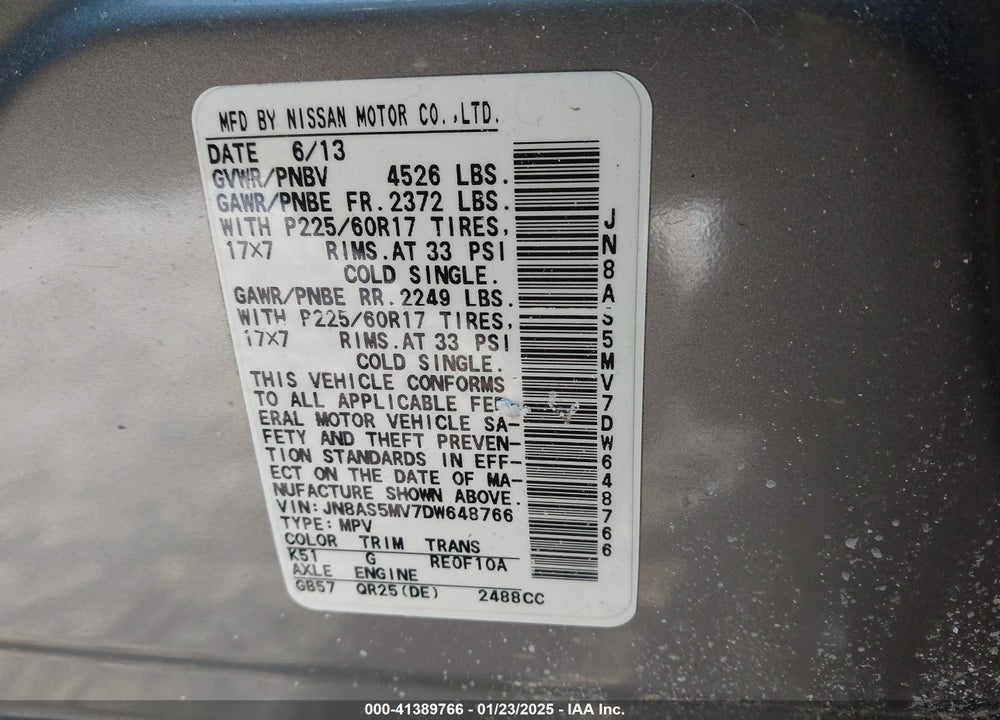 2013 NISSAN ROGUE SV VIN: JN8AS5MV7DW648766