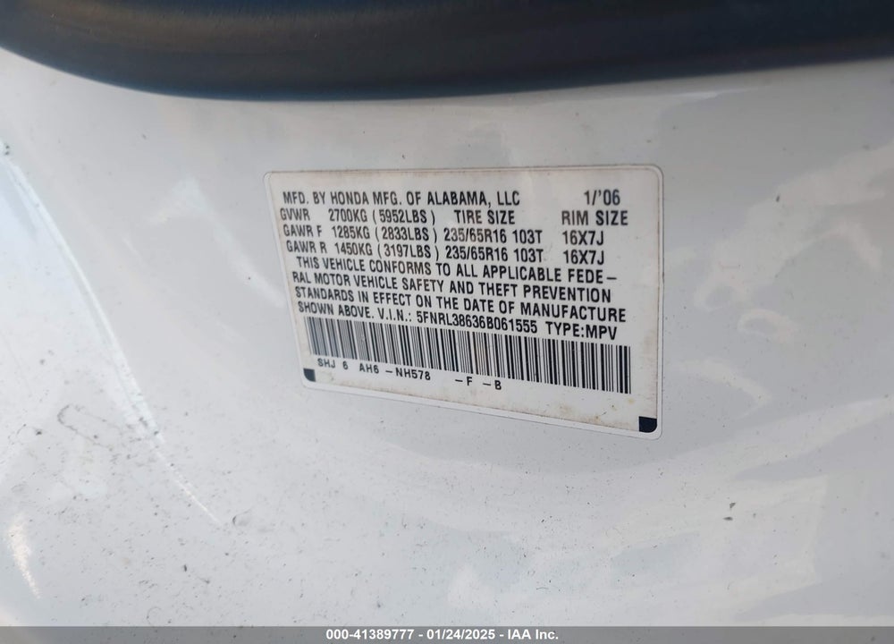 2006 HONDA ODYSSEY EX-L VIN: 5FNRL38636B061555