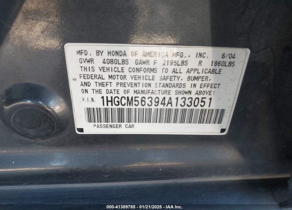 2004 HONDA ACCORD 2.4 LX VIN: 1HGCM56394A133051