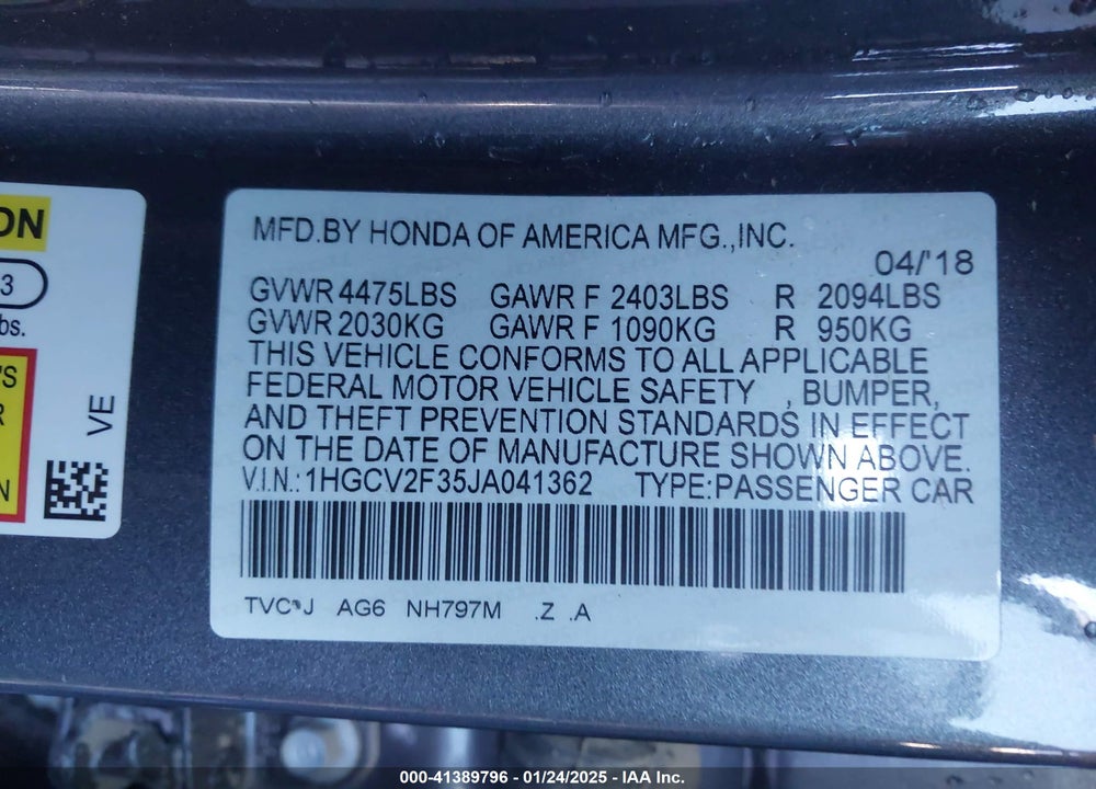 2018 HONDA ACCORD VIN: 1HGCV2F35JA041362