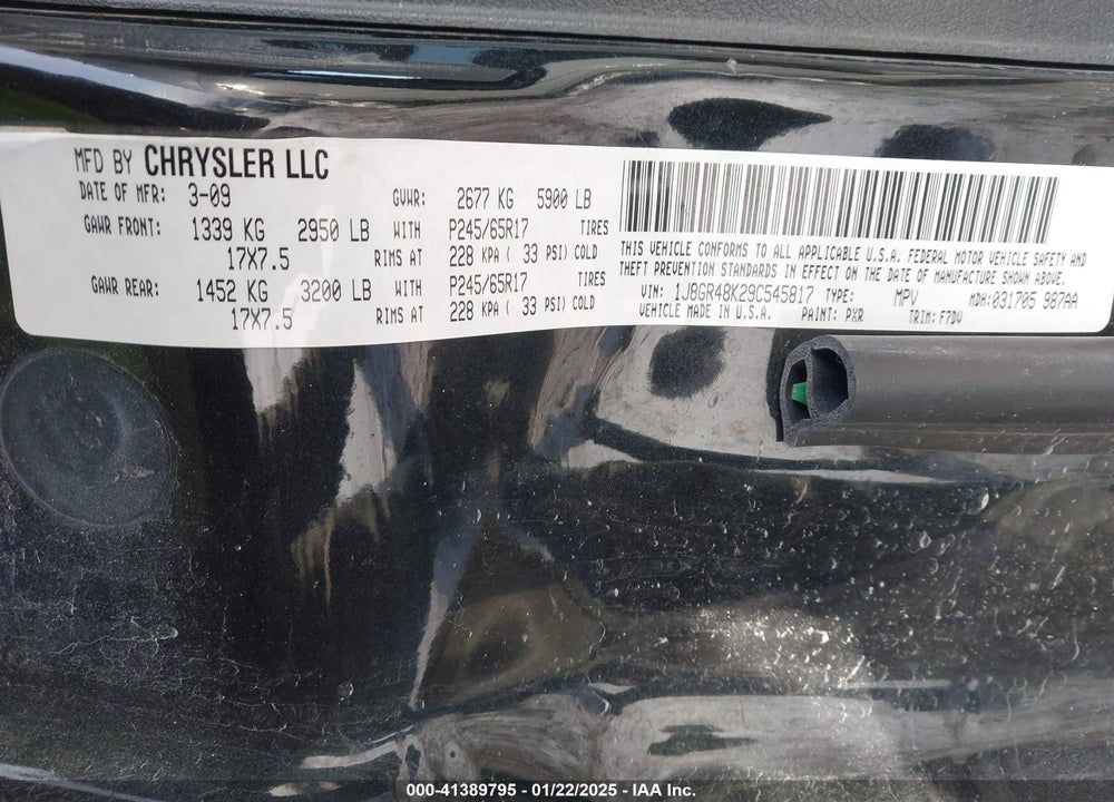 2009 JEEP GRAND CHEROKEE LAREDO VIN: 1J8GR48K29C545817