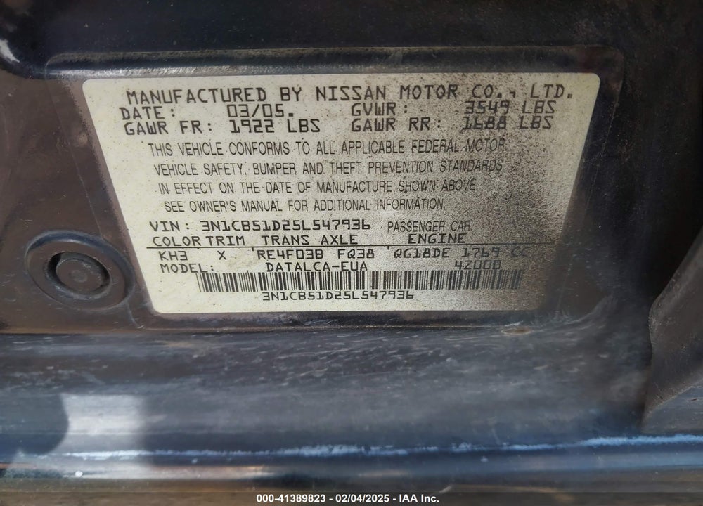 2005 NISSAN SENTRA 1.8 VIN: 3N1CB51D25L547936