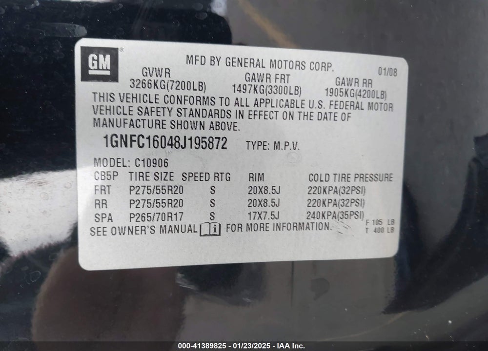 2008 CHEVROLET SUBURBAN 1500 LT VIN: 1GNFC16048J195872