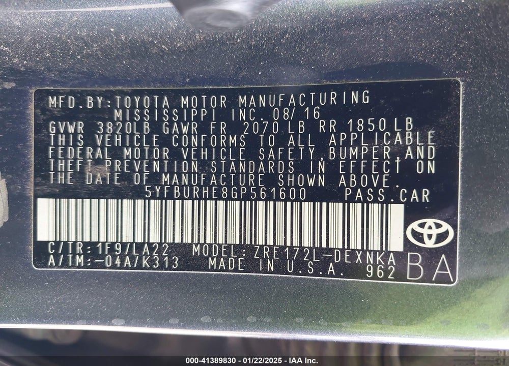 2016 TOYOTA COROLLA VIN: 5YFBURHE8GP561600
