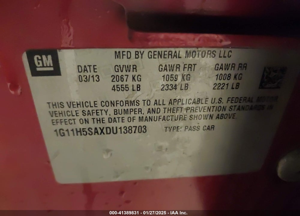 2013 CHEVROLET MALIBU VIN: 1G11H5SAXDU138703