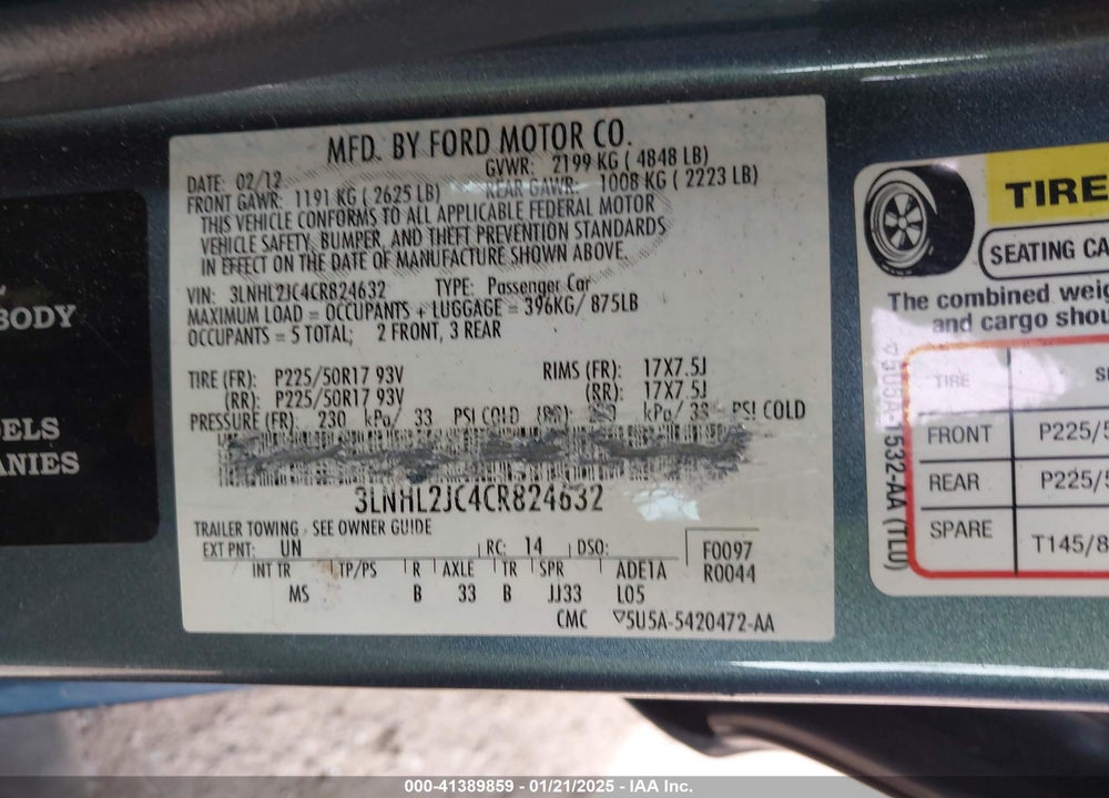 2012 LINCOLN MKZ VIN: 3LNHL2JC4CR824632