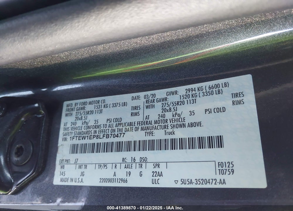 2020 FORD F-150 VIN: 1FTEW1EP8LFB70477