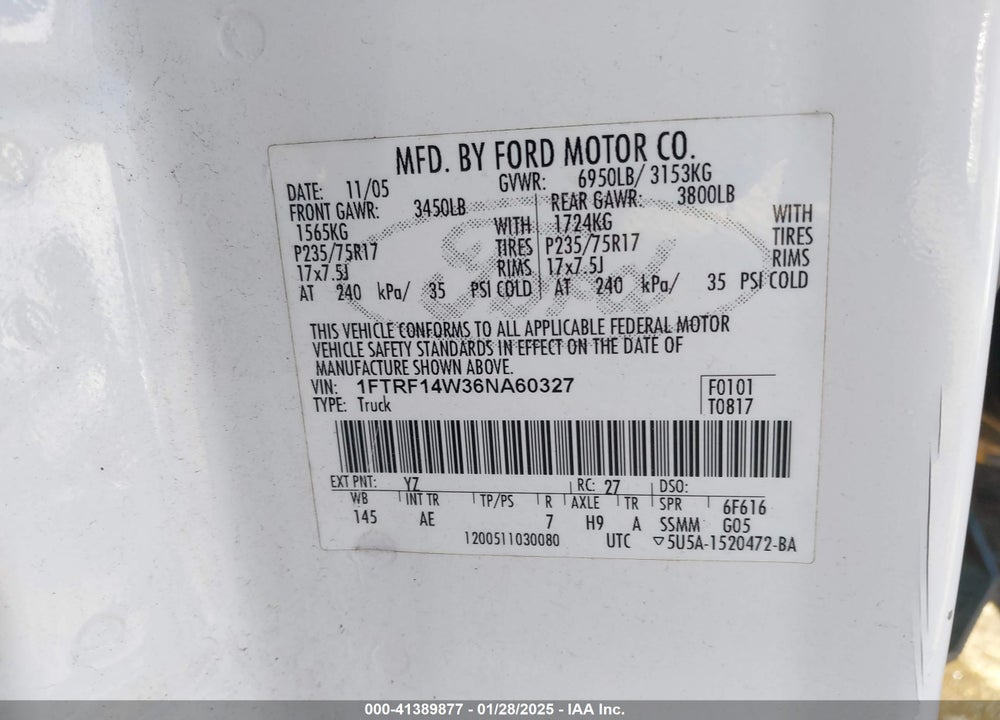2006 FORD F-150 STX/XL/XLT VIN: 1FTRF14W36NA60327