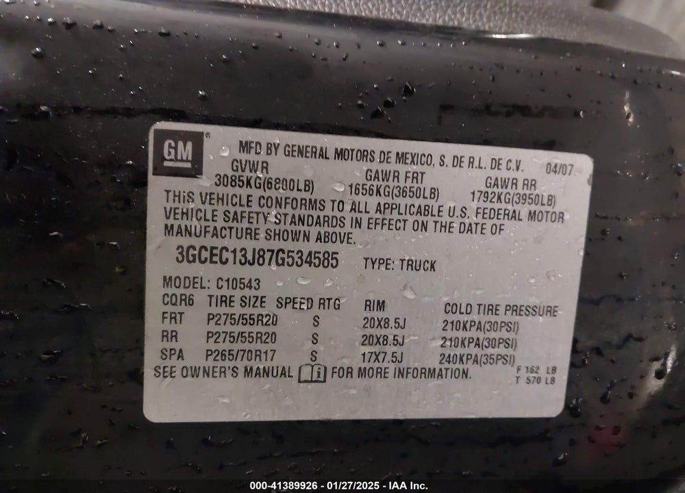 2007 CHEVROLET SILVERADO 1500 LT1 VIN: 3GCEC13J87G534585