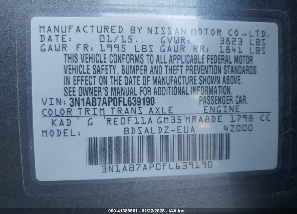 2015 NISSAN SENTRA VIN: 3N1AB7AP0FL639190