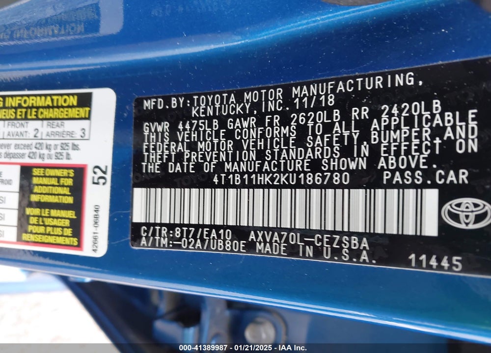 2019 TOYOTA CAMRY SE VIN: 4T1B11HK2KU186780