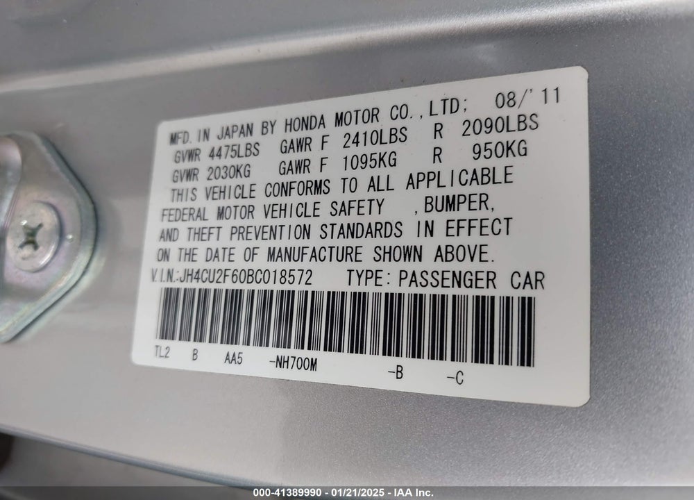 2011 ACURA TSX VIN: JH4CU2F60BC018572