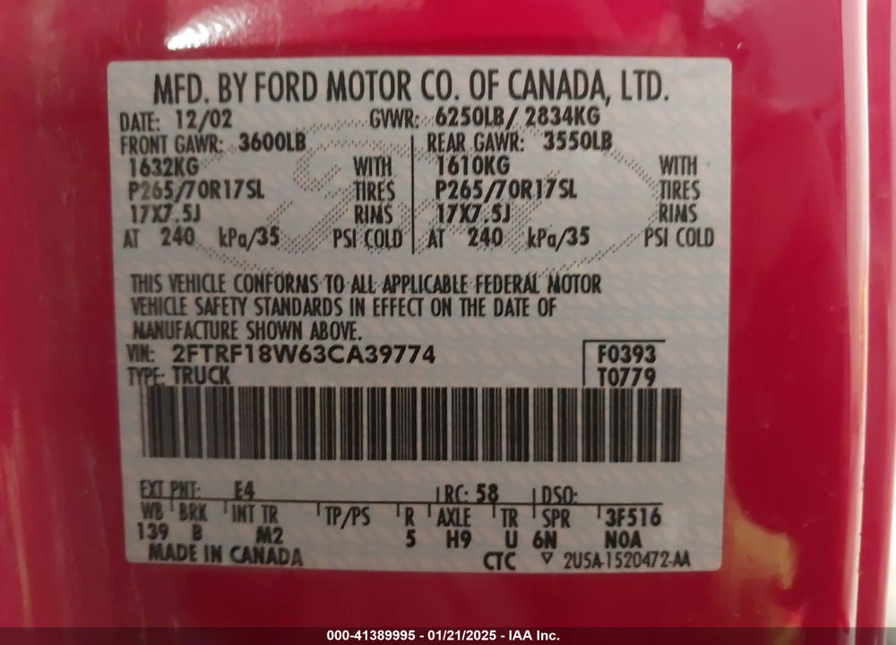2003 FORD F-150 XL/XLT VIN: 2FTRF18W63CA39774