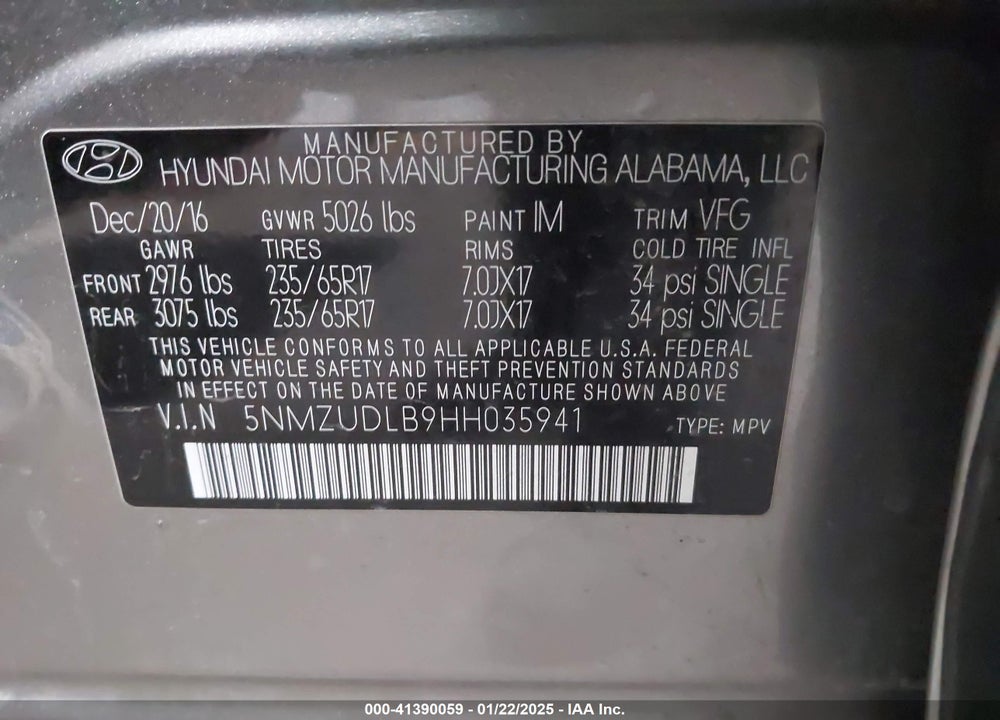 2017 HYUNDAI SANTA FE SPORT 2.4L VIN: 5NMZUDLB9HH035941