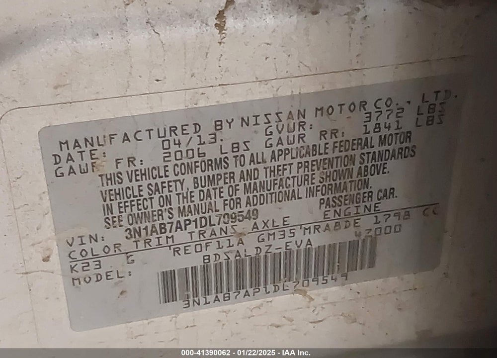 2013 NISSAN SENTRA VIN: 3N1AB7AP1DL709549