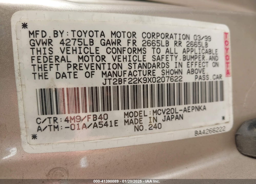 1999 TOYOTA CAMRY LE V6 VIN: JT2BF22K9X0207622