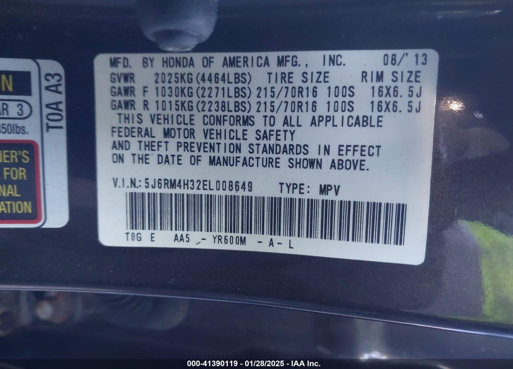 2014 HONDA CR-V LX VIN: 5J6RM4H32EL008649