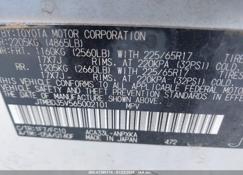 2006 TOYOTA RAV4 VIN: JTMBD35V565002101
