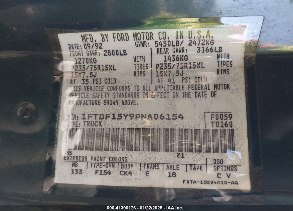 1993 FORD F150 VIN: 1FTDF15Y9PNA06154