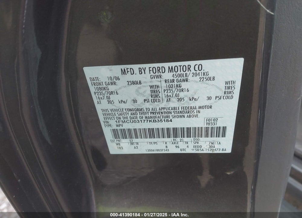 2007 FORD ESCAPE XLT/XLT SPORT VIN: 1FMCU03177KB35184