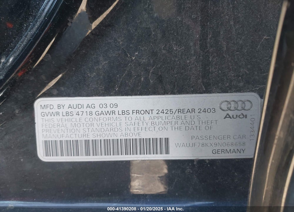 2009 AUDI A4 VIN: WAUJF78KX9N068658