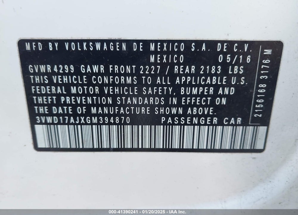 2016 VOLKSWAGEN JETTA 1.8T SPORT VIN: 3VWD17AJXGM394870