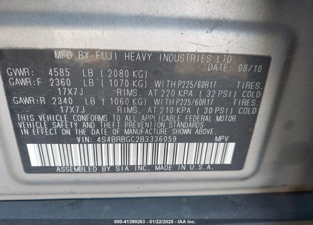 2011 SUBARU OUTBACK 2.5I PREMIUM VIN: 4S4BRBGC2B3336059