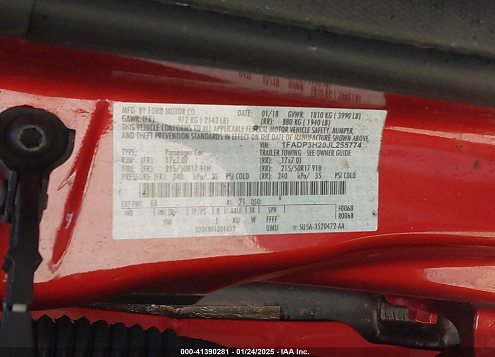 2018 FORD FOCUS VIN: 1FADP3H20JL255774