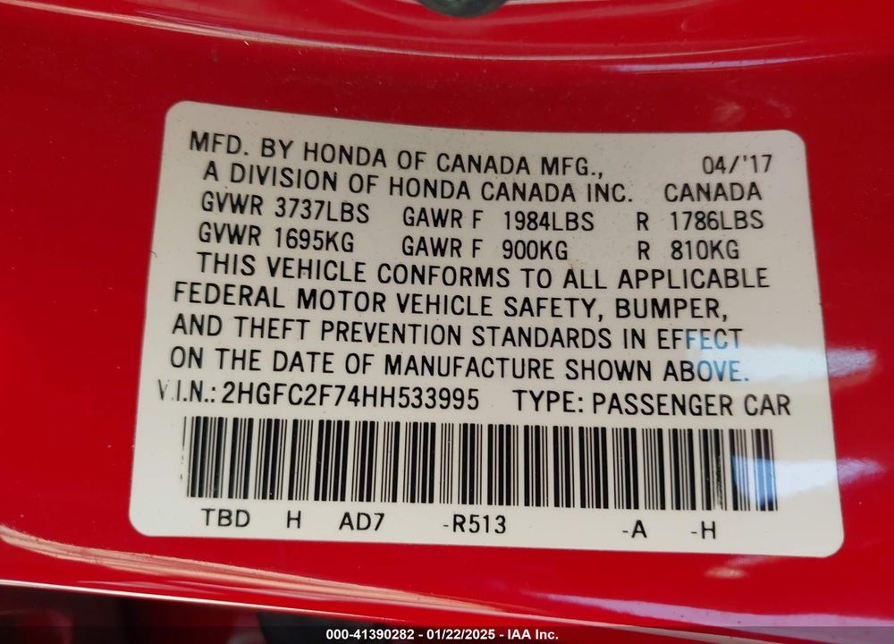 2017 HONDA CIVIC VIN: 2HGFC2F74HH533995