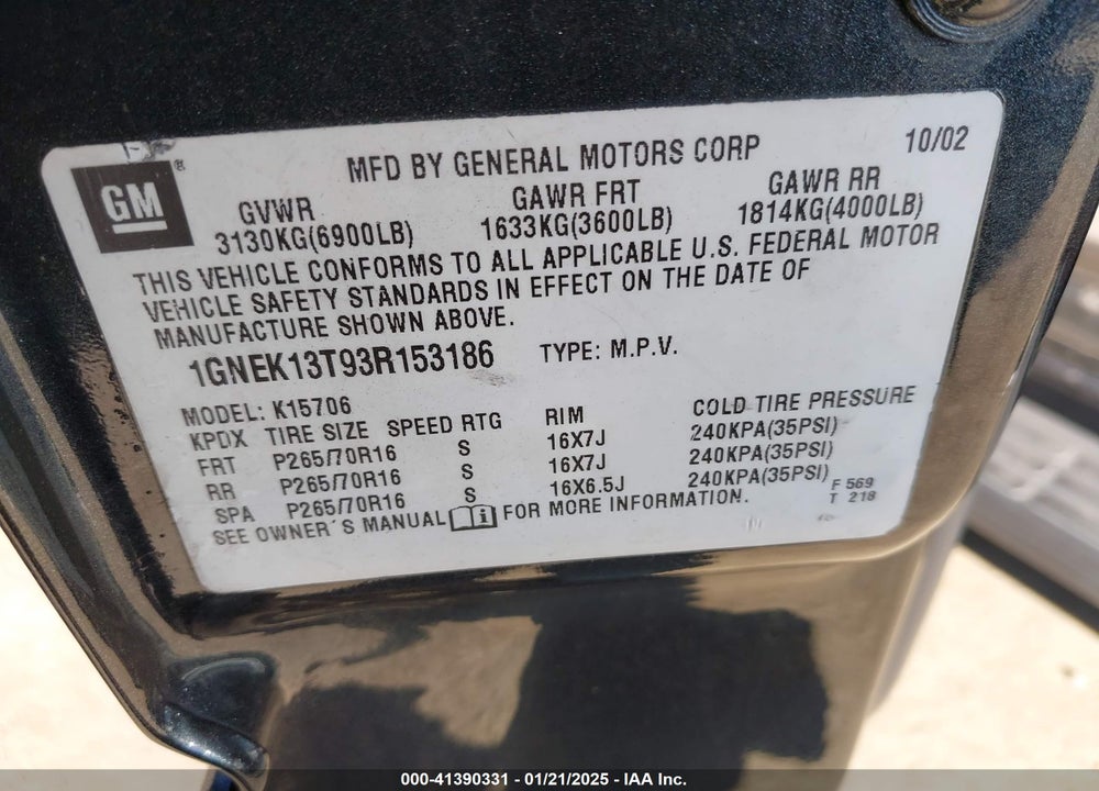 2003 CHEVROLET TAHOE LT VIN: 1GNEK13T93R153186