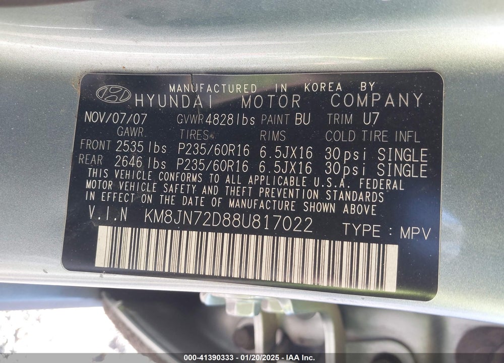 2008 HYUNDAI TUCSON LIMITED V6/SE VIN: KM8JN72D88U817022